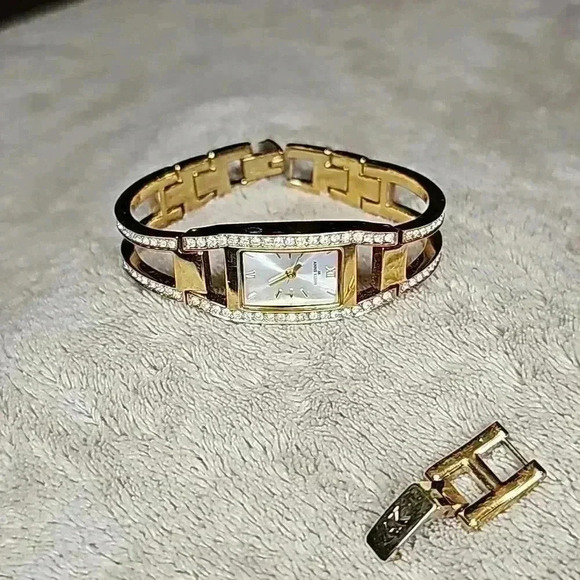 Anne Klein Gold Tone & White Gem Bracelet Watch with Expander Link & Silver Face - Picture 3 of 3